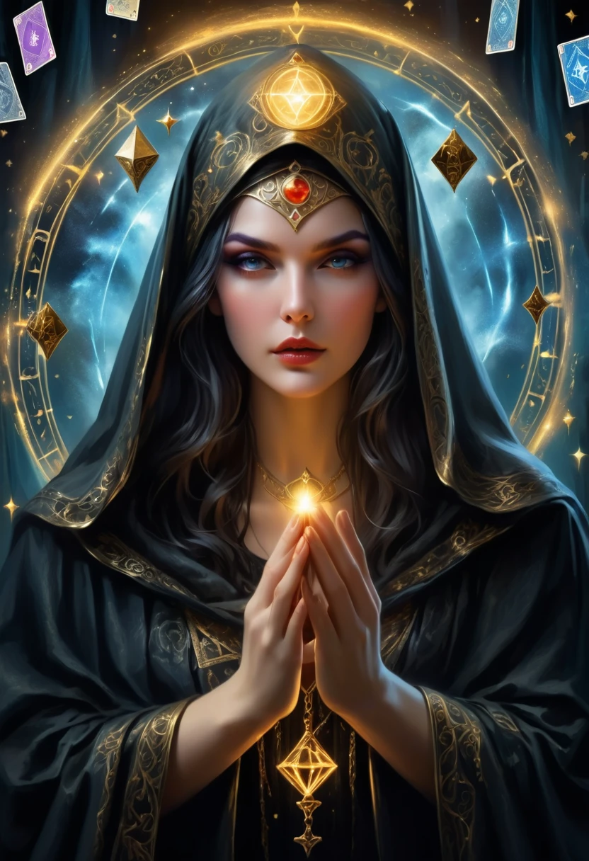 Fortune Teller，Metal photo frame，card，tarot cards：1.37.Mysterious fortune teller in cloak，Finger taps an array of tarot cards in the air，Mystical symbols and elements，Ancient mysterious atmosphere，Realistic illustration details，A composition full of vitality and energy，Dark Style，Gothic style