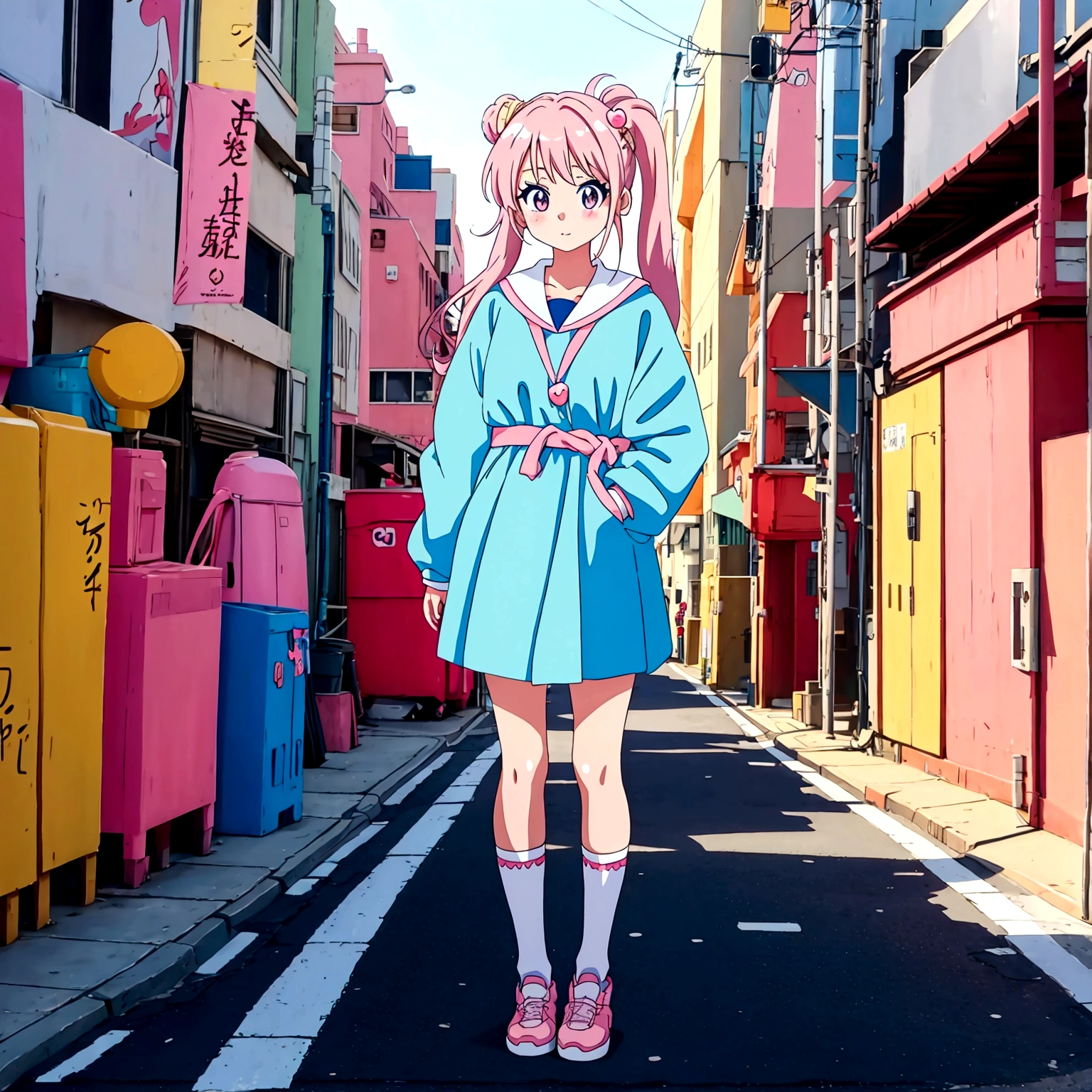 kawaii anime girl standing on the street in kawaii anime