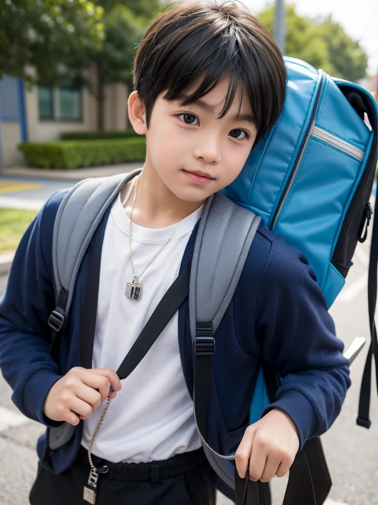 A male elementary school student wearing an elementary school backpack with an acrylic key ring attached.