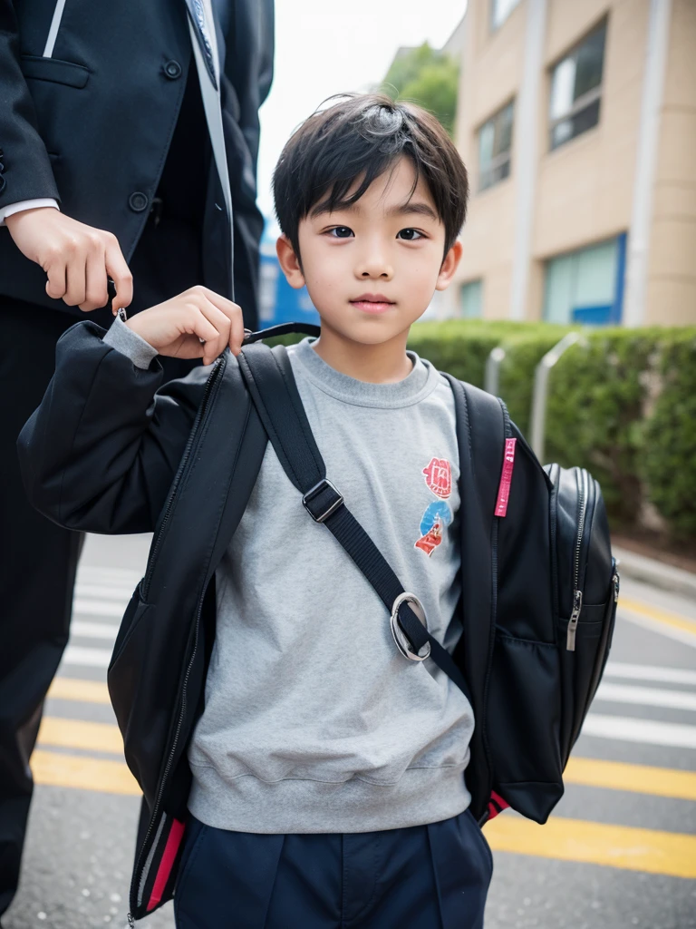 A male elementary school student wearing an elementary school backpack with an acrylic key ring attached.