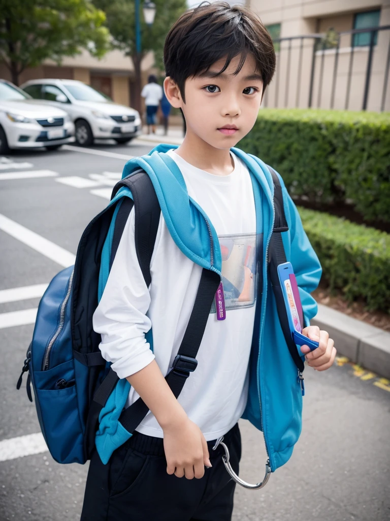 A male elementary school student wearing an elementary school backpack with an acrylic key ring attached.