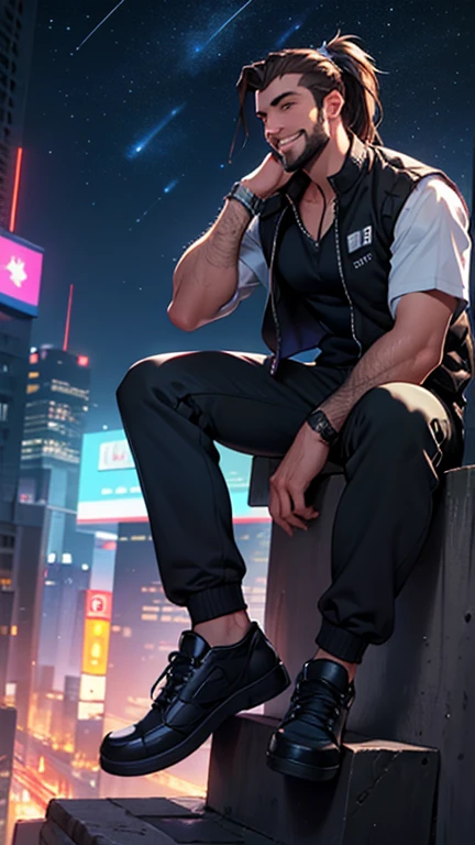 30 years old, male, ponytail, full beard, dark brown hair, sitting on top of a building, smile on face, metallic blue vest, hairy chest, neoprene pants, neon details, worked body, cyberpunk city background, starry sky, night, 4k