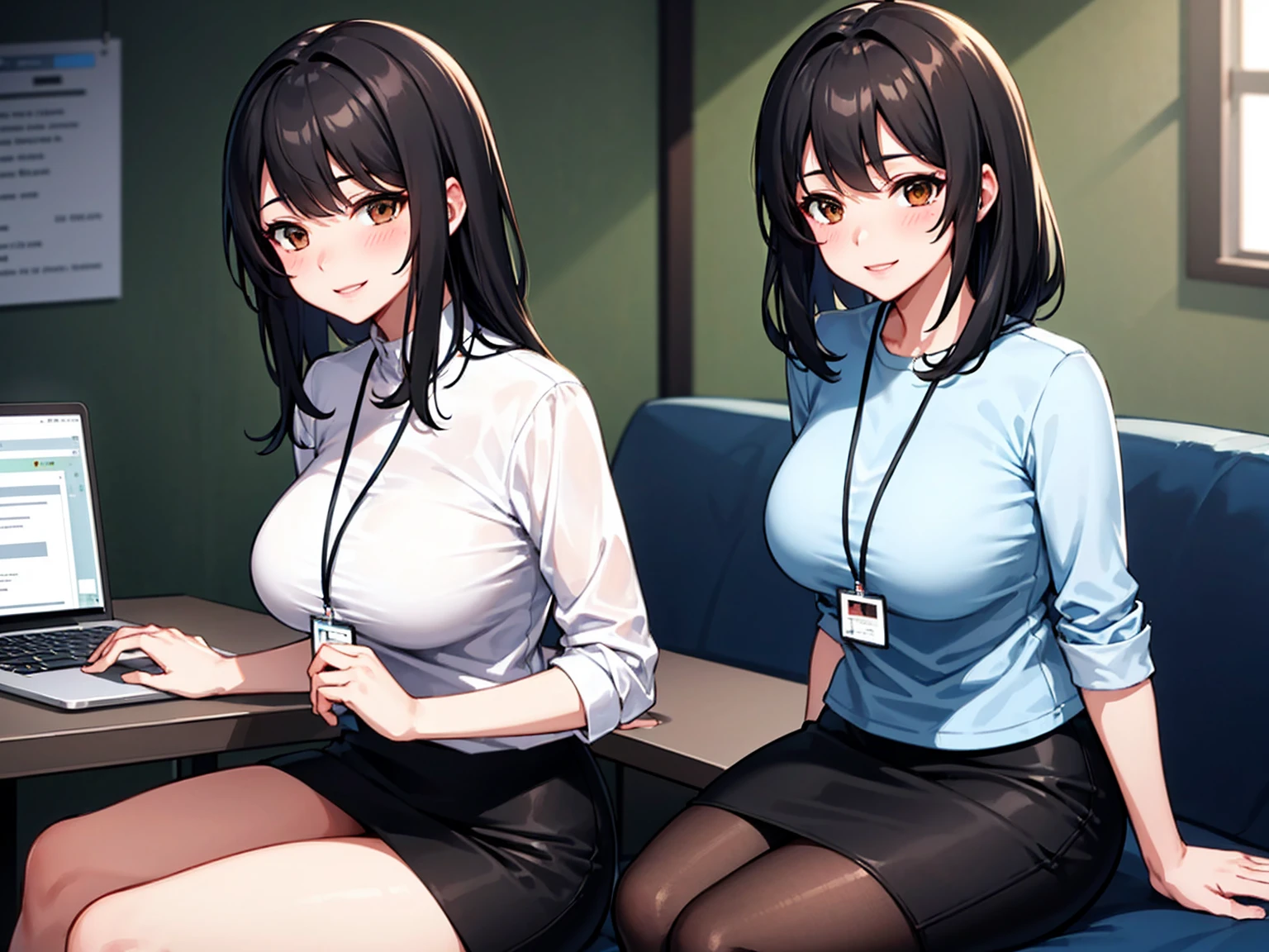 (Modern office indoors), 1 Female ((alone)), (Brown eyes), (Black medium hair), bangs, (Office Casual Pencil Skirt Green), (White shirt), (ID card), A gentle blushing smile, (Masterpiece Top quality:1.2), Delicate illustrations, High resolution, Super detailed, Large Breasts, (Black Stockings), (Sitting)