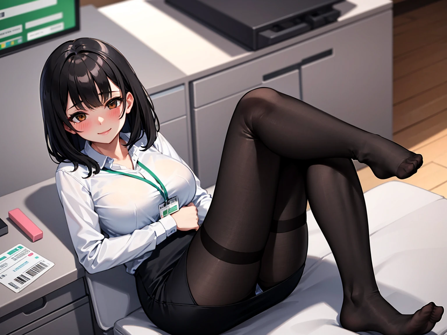 (Modern office indoors), 1 Female ((alone)), (Brown eyes), (Black medium hair), bangs, (Office Casual Pencil Skirt Green), (White shirt), (ID card), A gentle blushing smile, (Masterpiece Top quality:1.2), Delicate illustrations, High resolution, Super detailed, Large Breasts, (Black Stockings), (Sitting)