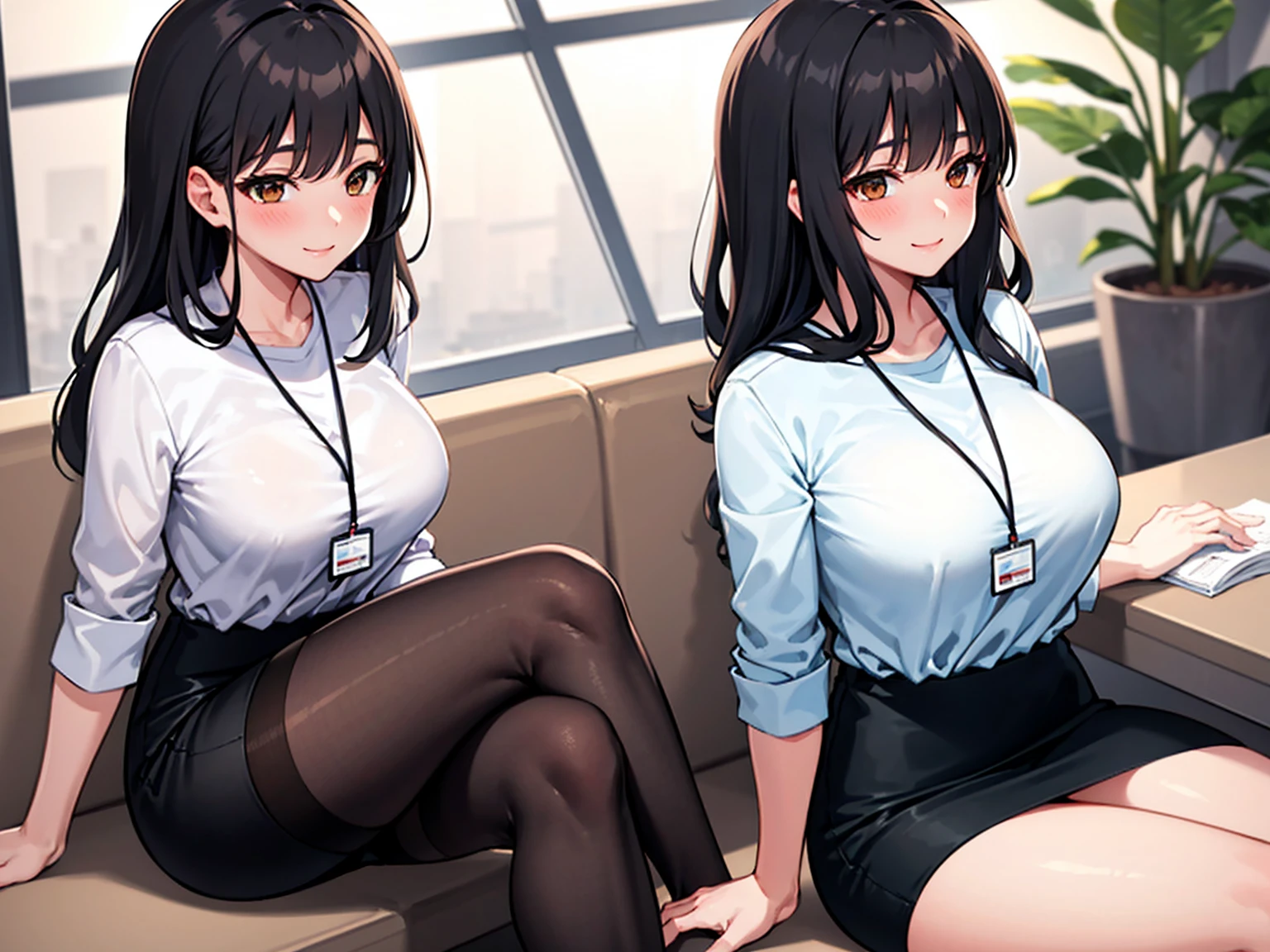 (Modern office indoors), 1 Female ((alone)), (Brown eyes), (Black medium hair), bangs, (Office Casual Pencil Skirt Green), (White shirt), (ID card), A gentle blushing smile, (Masterpiece Top quality:1.2), Delicate illustrations, High resolution, Super detailed, Large Breasts, (Black Stockings), (Sitting)