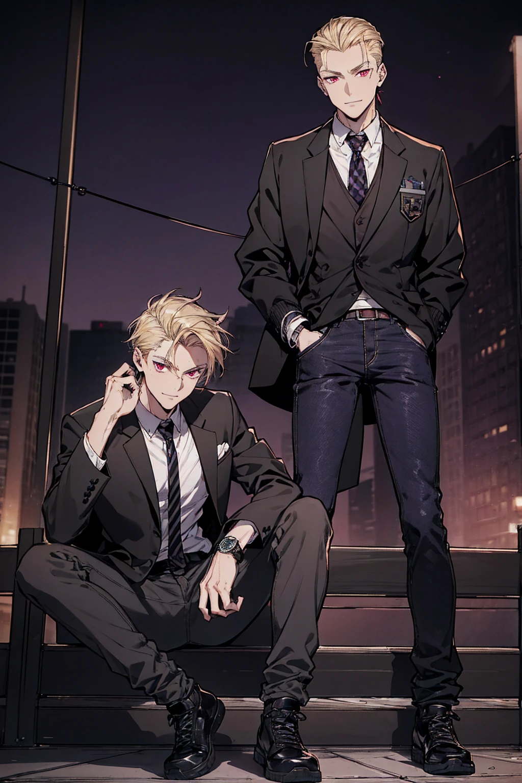Tall, tannish, handsome male, fit and lean, red eyes, slicked back blonde hair, light stubble, wearing black collared school jacket with purple and black checkered undershirt, wearing baggy jeans, purple and black high tops, has golden watch, and cocky smile, sitting alone in the dusk of night.