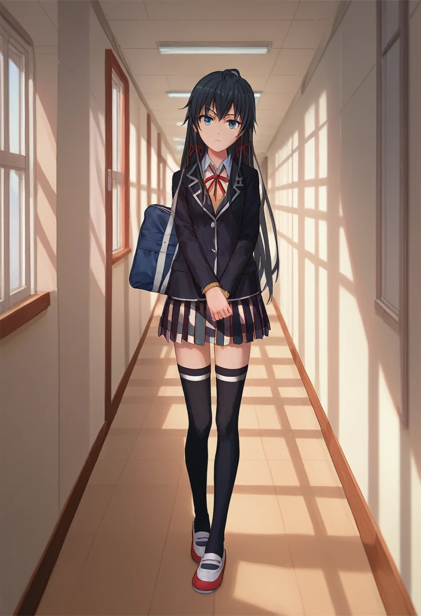 score_9, score_8_up, score_7_up, source_anime, solo, 1girl, yukinoshita yukino, expressionless, looking at viewer, holding school bag, black blazer, red ribbon, plaid skirt, black thighhighs, hallway 