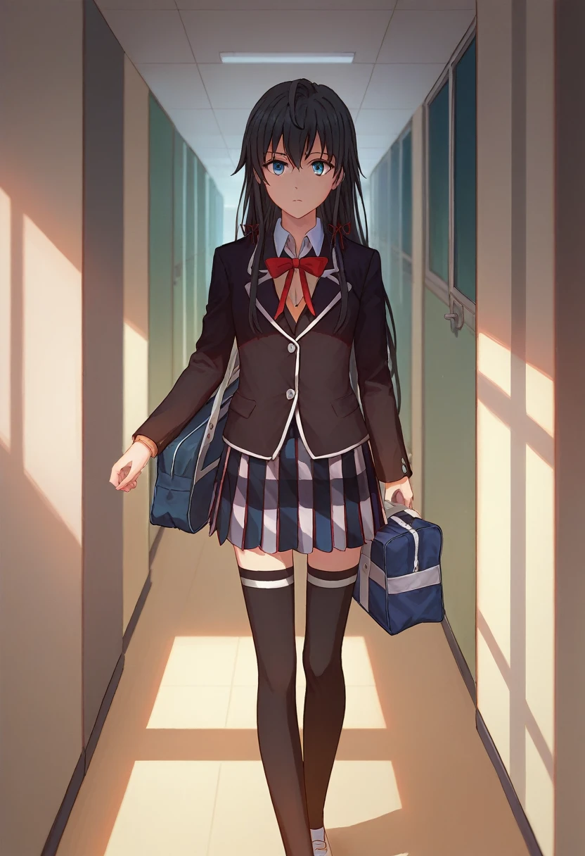 score_9, score_8_up, score_7_up, source_anime, solo, 1girl, yukinoshita yukino, expressionless, looking at viewer, holding school bag, black blazer, red ribbon, plaid skirt, black thighhighs, hallway 
