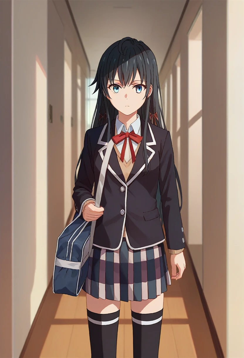 score_9, score_8_up, score_7_up, source_anime, solo, 1girl, yukinoshita yukino, expressionless, looking at viewer, holding school bag, black blazer, red ribbon, plaid skirt, black thighhighs, hallway 