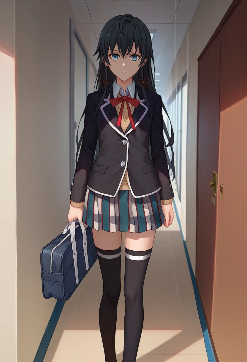 score_9, score_8_up, score_7_up, source_anime, solo, 1girl, yukinoshita yukino, expressionless, looking at viewer, holding school bag, black blazer, red ribbon, plaid skirt, black thighhighs, hallway 