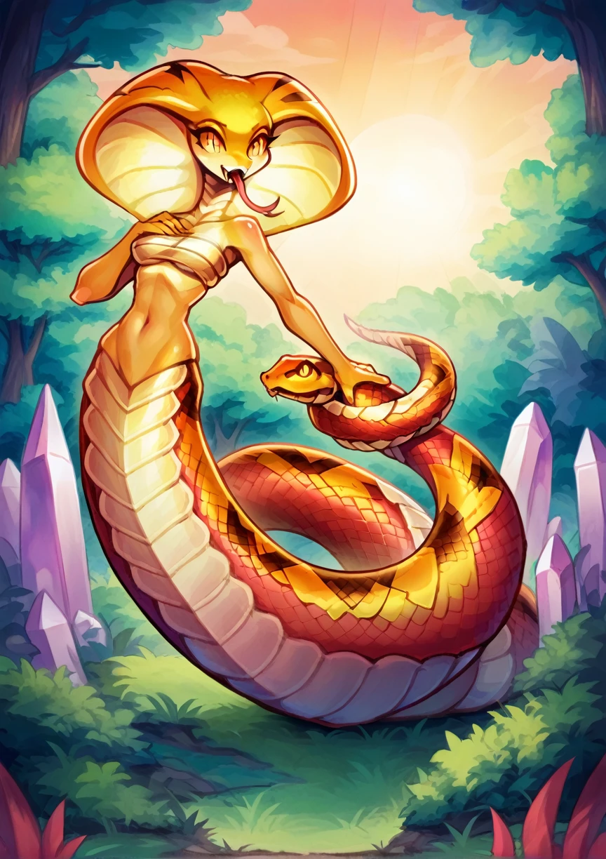 (lamia), full body shot, 1girl, monster girl, snake girl, reptile tail, snake tail, snake body from waist down, forked tongue, long tongue, small fangs, open mouth, (colorful shiny snake scales), (shiny red, and (golden) gradient scales tail), (reptilian eyes), in beautiful enchanted magical (forest), red (glowing plant) and fungus, ((red thin trees with yellow and orange leaves)), sunrise, greenish atmosphere, orange sun, alien flora, amazing lighting effects, yellowish light ray, crystalline dew, ((astonishingly seductive lamia)), amazing face and eyes, soft and delicate looking, (red long hair), (crystalline green eyes), good hands, perfect anatomy, masterpiece, best quality, medium large breasts
INFO
