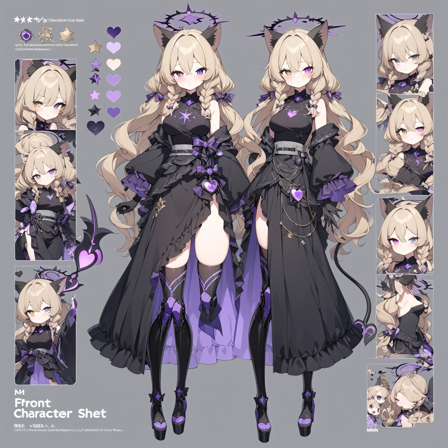 1 woman 180cm tall. (character design sheet: front view). long dark blonde hair, slim build, wavy hair with hip length curls, has a short central tuft, She has two short braids on the left and right side of her head..  He has black serval ears with gray and purple on the top of his head. small face. (heterocromia: one gray eye and one purple eye), ribbons on the right and left side of the hair. extremely detailed face, Beautiful detailed eyes, beautiful detailed lips. adorable, extremely detailed legs, (Best Quality, 4k, 8k, high resolution), ultra detailed, Exquisite and epic character art. Black platform heels, Elegant One Piece Long Dress with Ruffles Skirt and Wide Sleeves Gold Gear Design, star and ribbon decorations on the dress. black gloves. gray belt at the waist with a large bright pink heart ribbon. black necklace with heart emblem on the neck. It has a succubus tail with a luminous purple star tip.. (wide hip). Luminous black halo with purple star patterns above his head... (medium breast size). Thigh High Mechanical Legs in Black and Luminous Purple.