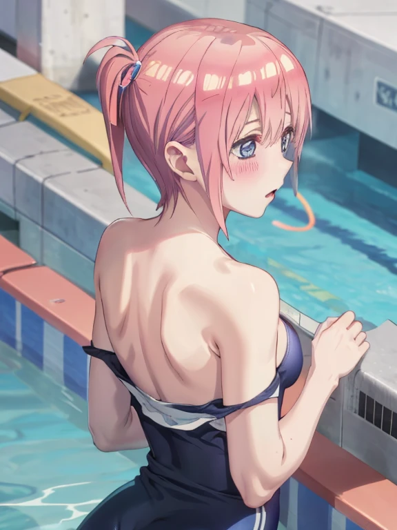 best quality, insanely detailed,ichika nakano, poolside background, breasts, blush, back style, one-piece swimsuit, nipple, look into the distance, nsfw