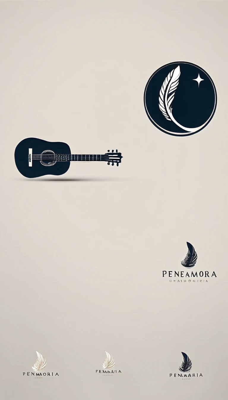 A minimal, high quality, modern, simple, cinematic symbol design for the brand “Penamemoria". The logotype must be a simple, magical feather and a boy playing acoustic guitar. The logo must convey a sense of music, stories and dreams. Logo design impressed on a book cover. Minimalistic logo