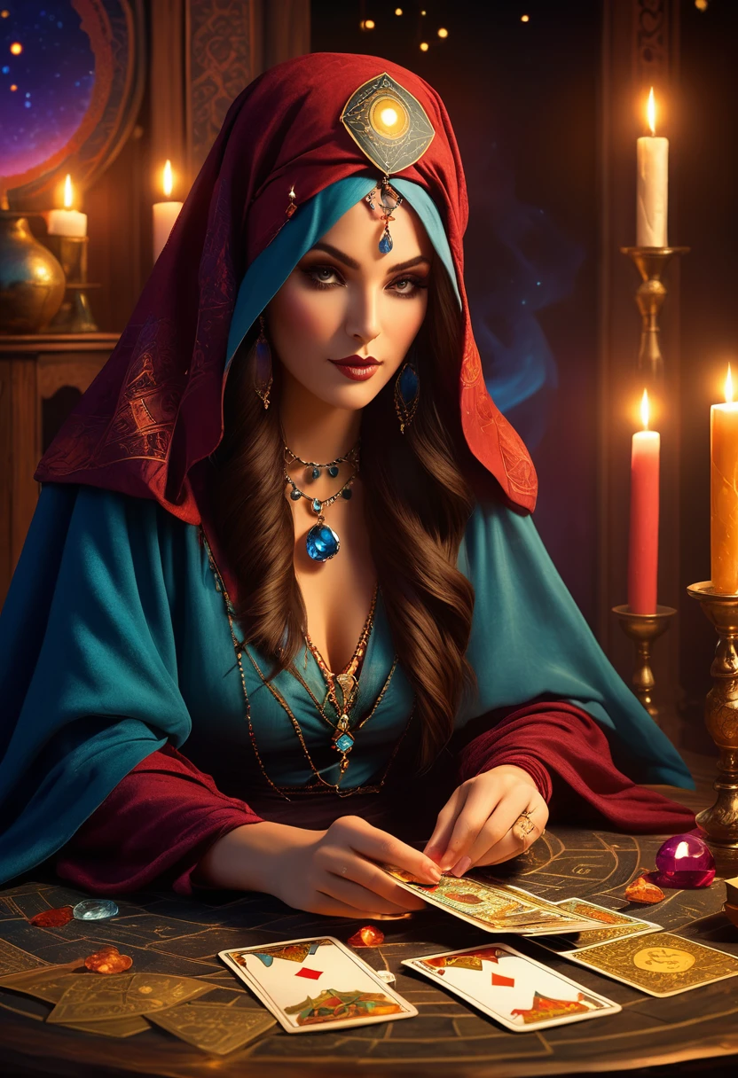 A beautiful and mysterious fortune teller，In a compact and fun environment. Fortune teller wearing cape, Delicate facial features. 

The scene is dimly lit, Create an atmosphere of uncertainty and anticipation. Fortune teller sitting at the table, Decorated with tarot cards, Crystal Ball, and a deck of tarot cards. The table is surrounded by candles, Add a mysterious atmosphere. 

The lights in the room were dim, Cast captivating shadows，Enhances the mysterious atmosphere. Fortune teller holding a tarot card, Gain insight into the future by observing its signs. 

The overall artwork should be of the best quality, Resolution is 4k or 8k. The level of detail should be extremely detailed and realistic, Almost photorealism. 

Artistic style should reflect official aesthetics, Bright colors，Strong contrast. The color tone should enhance the mysterious and mysterious theme of the artwork. 

The fortune teller&#39;s cape is decorated with intricate patterns, Metal frame with thickness ratio of 1.5. also, A rose decorative border should be incorporated into the composition. 

The scene should have a magical atmosphere, Like a night sky full of stars. The fortune teller&#39;s expression should convey a sense of mystery and curiosity.