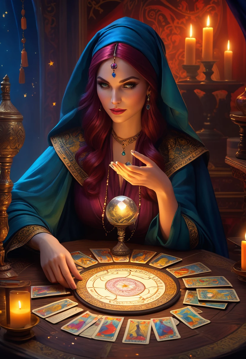 A beautiful and mysterious fortune teller,In a compact and fun environment. Fortune teller wearing cape, Delicate facial features.
The scene is dimly lit, Create an atmosphere of uncertainty and anticipation. Fortune teller sitting at the table, Decorated with tarot cards, Crystal Ball, and a deck of tarot cards. The table is surrounded by candles, Add a mysterious atmosphere.
The lights in the room were dim, Cast captivating shadows,Enhances the mysterious atmosphere. Fortune teller holding a tarot card, Gain insight into the future by observing its signs.
The overall artwork should be of the best quality, Resolution is 4k or 8k. The level of detail should be extremely detailed and realistic, Almost photorealism.
Artistic style should reflect official aesthetics, Bright colors,Strong contrast. The color tone should enhance the mysterious and mysterious theme of the artwork.
The fortune teller's cape is decorated with intricate patterns, Metal frame with thickness ratio of 1.5. also, A rose decorative border should be incorporated into the composition.
The scene should have a magical atmosphere, Like a night sky full of stars. The fortune teller's expression should convey a sense of mystery and curiosity.