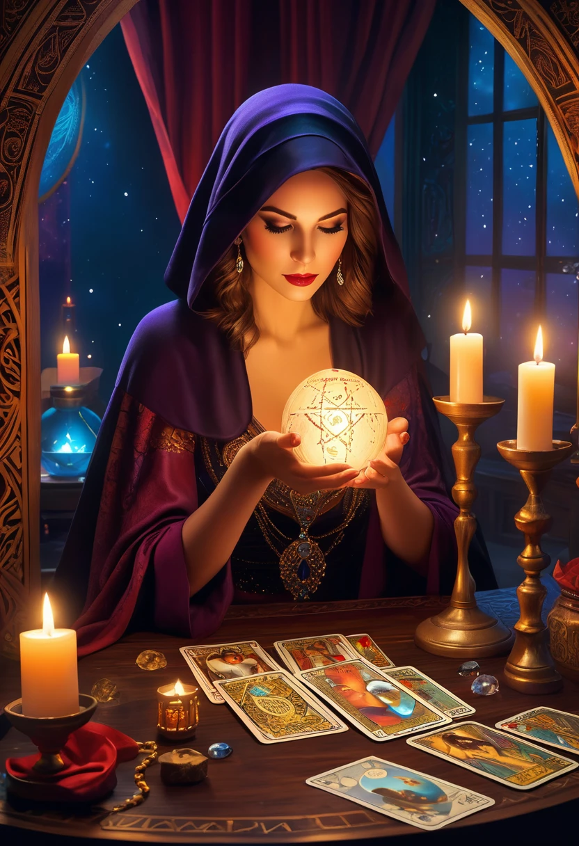 A beautiful and mysterious fortune teller,In a compact and fun environment. Fortune teller wearing cape, Delicate facial features.
The scene is dimly lit, Create an atmosphere of uncertainty and anticipation. Fortune teller sitting at the table, Decorated with tarot cards, Crystal Ball, and a deck of tarot cards. The table is surrounded by candles, Add a mysterious atmosphere.
The lights in the room were dim, Cast captivating shadows,Enhances the mysterious atmosphere. Fortune teller holding a tarot card, Gain insight into the future by observing its signs.
The overall artwork should be of the best quality, Resolution is 4k or 8k. The level of detail should be extremely detailed and realistic, Almost photorealism.
Artistic style should reflect official aesthetics, Bright colors,Strong contrast. The color tone should enhance the mysterious and mysterious theme of the artwork.
The fortune teller's cape is decorated with intricate patterns, Metal frame with thickness ratio of 1.5. also, A rose decorative border should be incorporated into the composition.
The scene should have a magical atmosphere, Like a night sky full of stars. The fortune teller's expression should convey a sense of mystery and curiosity.