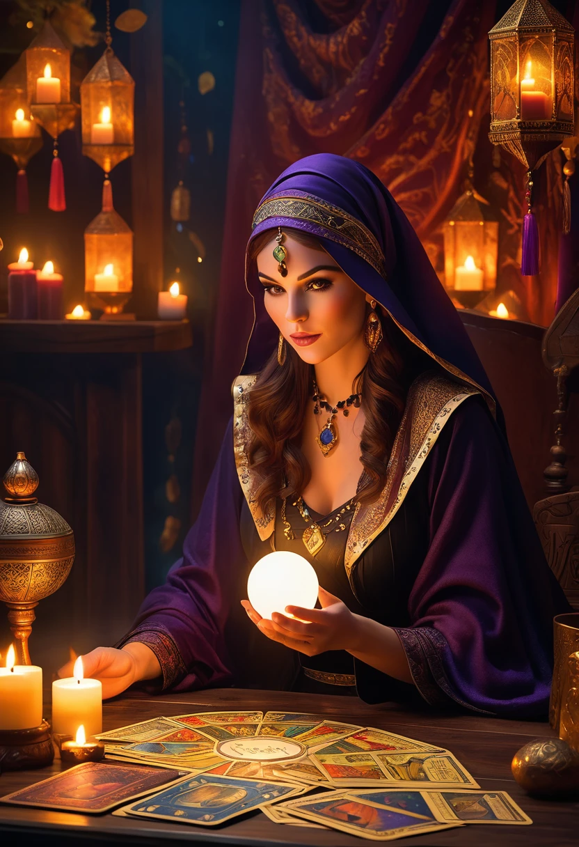 A beautiful and mysterious fortune teller,In a compact and fun environment. Fortune teller wearing cape, Delicate facial features.
The scene is dimly lit, Create an atmosphere of uncertainty and anticipation. Fortune teller sitting at the table, Decorated with tarot cards, Crystal Ball, and a deck of tarot cards. The table is surrounded by candles, Add a mysterious atmosphere.
The lights in the room were dim, Cast captivating shadows,Enhances the mysterious atmosphere. Fortune teller holding a tarot card, Gain insight into the future by observing its signs.
The overall artwork should be of the best quality, Resolution is 4k or 8k. The level of detail should be extremely detailed and realistic, Almost photorealism.
Artistic style should reflect official aesthetics, Bright colors,Strong contrast. The color tone should enhance the mysterious and mysterious theme of the artwork.
The fortune teller's cape is decorated with intricate patterns, Metal frame with thickness ratio of 1.5. also, A rose decorative border should be incorporated into the composition.
The scene should have a magical atmosphere, Like a night sky full of stars. The fortune teller's expression should convey a sense of mystery and curiosity.