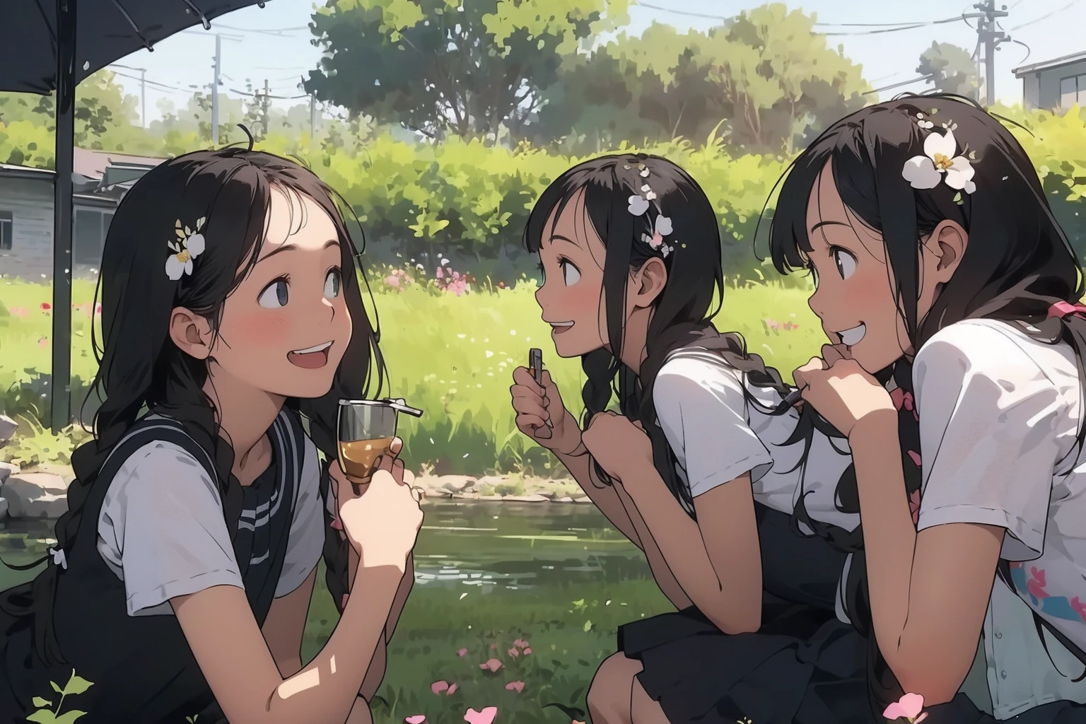 Reasonable design, Clear lines, High Sharpness, (Highest quality,8K,Perfect sharpness,Ultra fine,High resolution,masterpiece:1.2), Perfect Anatomy:1.5, Official Art, Illustrations that tell a story, (Whitish background:0. 9)、Body Positivity、多Mr.な身体表現、(Random and energetic poses)、Perfect beauty、Perfect beautiful face、Strong winds、A rich expression、Dynamic composition、smile、Golden ratio composition、colorful、((Mr.々Different angles and perspectives))、Anime Art、(Mini dress)、(Overcoming stereotypes)、 Glowing Skin、(Natural beauty)、smile、Bangs、(Soft and flowing hair)、(countryside)、(Nostalgic atmosphere)、Put it up to your thighs、(Playful and carefree)、(多Mr.な民族のキャラクター)、(innocent attitude)、(Sunny atmosphere)、(The skirt flutters wildly in the wind)、(Bright colors)、Beautiful Eyes、(Embarrassing)、Braided Hair、Summer Scene、Smiling among flowers、Side angle、