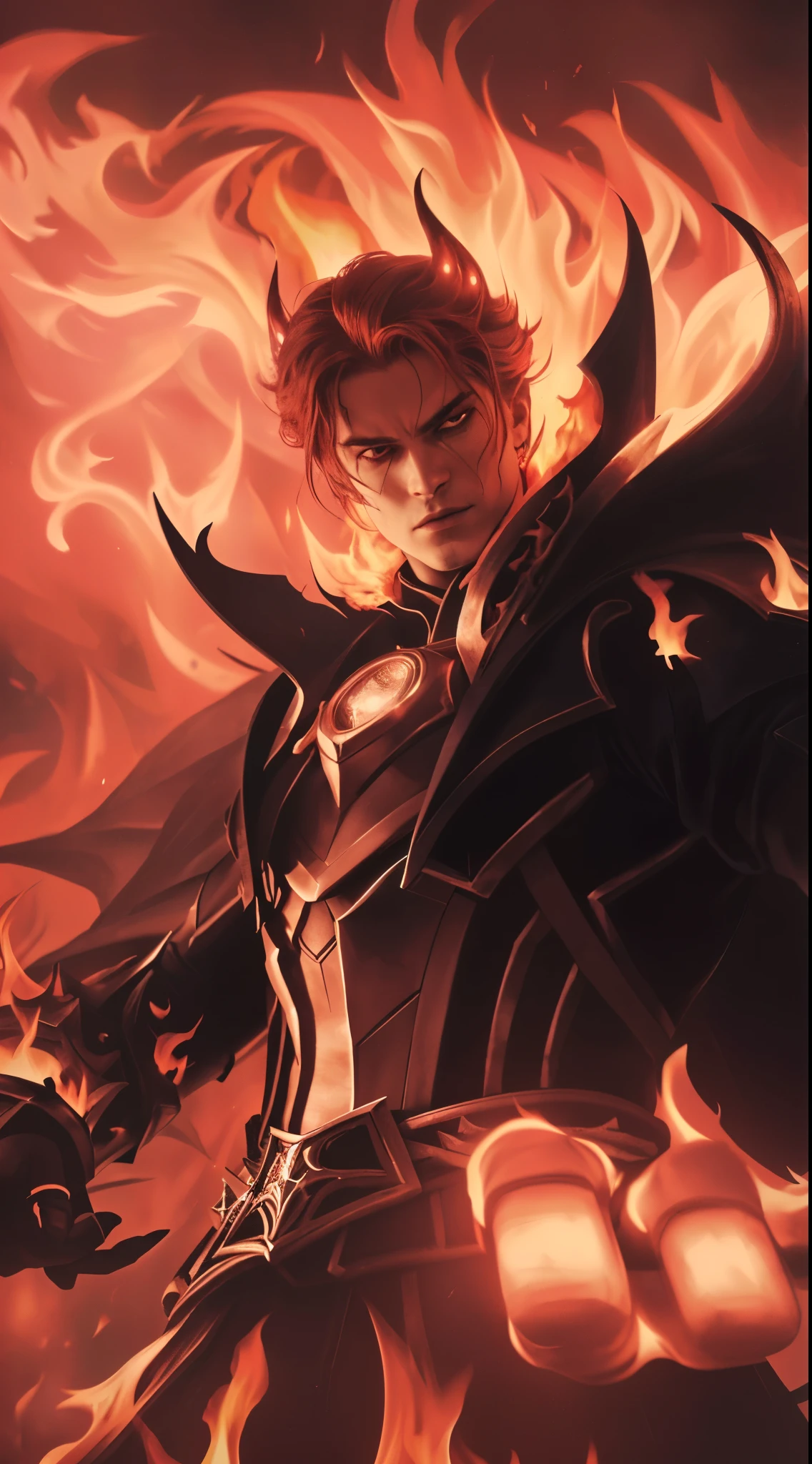 a close up of a man with a sword and a fire, red hair, ruler of inferno, infernal enigma, dragon knight, the former demon king, demon male, portrait of hades, (best quality,4k,8k,highres,masterpiece:1.2),ultra-detailed,(realistic,photorealistic,photo-realistic:1.37),highly detailed face and eyes,extremely detailed facial features,extremely detailed eyes,sharp focus,physically-based rendering,vivid colors,dramatic lighting,dark fantasy,dark art,chiaroscuro,dramatic color palette,cinematic lighting,moody atmosphere,mystical,occult,supernatural,dark powers,demonic,hellfire,infernal,scorching flames,blazing fire,glowing embers,intense shadows,dramatic pose,powerful stance