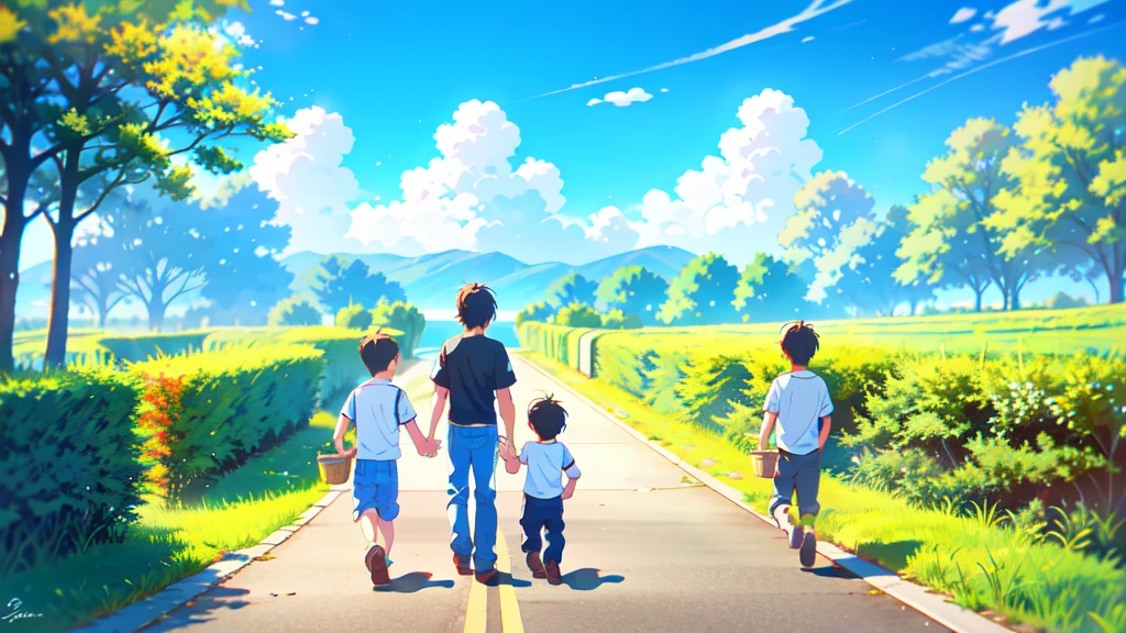 Happy family scene。Mother and son landscape。Under the clear blue sky、A young mother in her 20s holds her twin sons tight and warm on her way home from work。mother's face was filled with deep love and forgiveness. Simple smile、He buried his face in his mother'He shrugged his shoulders and looked relieved..。Light and shadow gently intersect、The overall scene exudes a warm and moving atmosphere..。」like。like, forgiveness, Healing and Purification。detailed and delicate。Lyrical。Heartful。