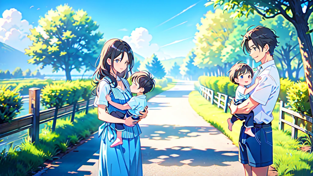 Happy family scene。Mother and son landscape。Under the clear blue sky、A young mother in her 20s holds her twin sons tight and warm on her way home from work。mother's face was filled with deep love and forgiveness. Simple smile、He buried his face in his mother'He shrugged his shoulders and looked relieved..。Light and shadow gently intersect、The overall scene exudes a warm and moving atmosphere..。」like。like, forgiveness, Healing and Purification。detailed and delicate。Lyrical。Heartful。