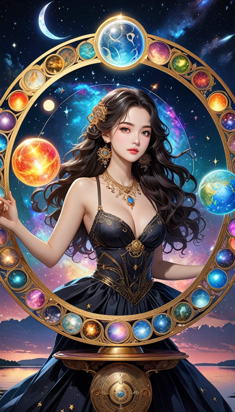 最Highest quality, Highest quality, 16K, Unbelievably absurd, Very detailed, 2.5D, delicate and dynamic, , formal, universe, Night Sky, Crescent Moon, constellation, Gorgeous nebula, meteor, lake, lake面に月が映る, Tarot Cards, Giant magic circle, A complex magic circle, Colorful magic circle, A colorful celestial globe, Small face, Very delicate facial expressions, Delicate eye depiction, Upper body close-up, erotic, One sexy woman, Cool woman, black long wavy hair, Healthy body shape, 25-year-old woman, Cool woman, Height: 170cm, huge bouncing busts, astrologer, Horoscope, Tarot Cards, Calm expression, A complex magician's outfit, Magician's outfit in chic colors, garter belt, Fishnet tights, Magician's Shoes, Fortune telling, Declare, Tarot Cardsを配る, Tarot Cardsをばらまく