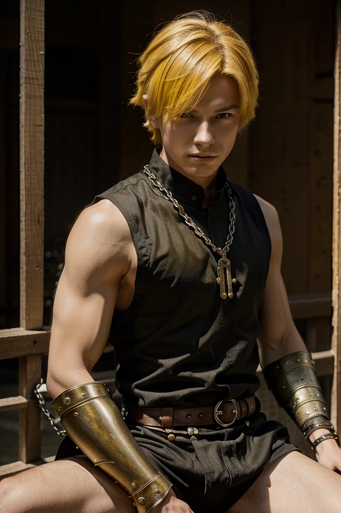 A blonde warrior resembling Kirito with brown eyes., gives off a white aura