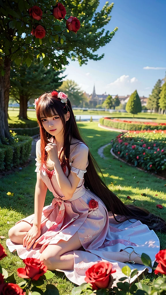 best quality,masterpiece,Ultra-high resolution,(photoactual:1.4),Roses every day(background),14-year-old oriental rose flower demon girl,long red hair,cute eyes,The birth of a beautiful girl,Beautiful red rose dress(Gödelian),Kneeling among roses,