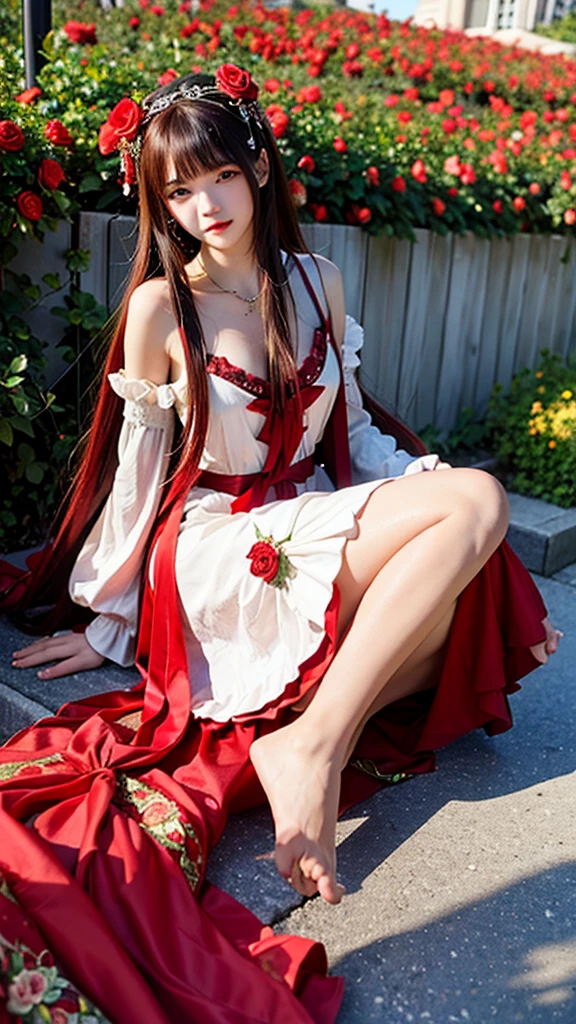 best quality,masterpiece,Ultra-high resolution,(photoactual:1.4),Roses every day(background),14-year-old oriental rose flower demon girl,long red hair,cute eyes,The birth of a beautiful girl,Beautiful red rose dress(Gödelian),Kneeling among roses,