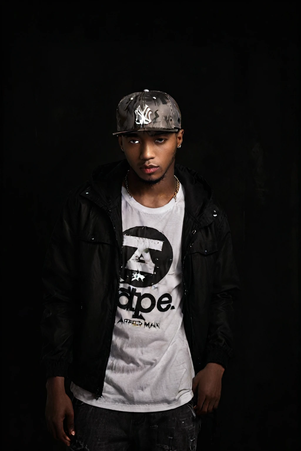 arafed man in a black jacket and a white shirt and a hat, grime, in style of davey adesida, with rap cap on head, raper artist, rapping, style of ade santora, handsome hip hop asian young man, mid portrait, official artwork, mid shot portrait, promo shoot, head shoot, by Afewerk Tekle, rapper
