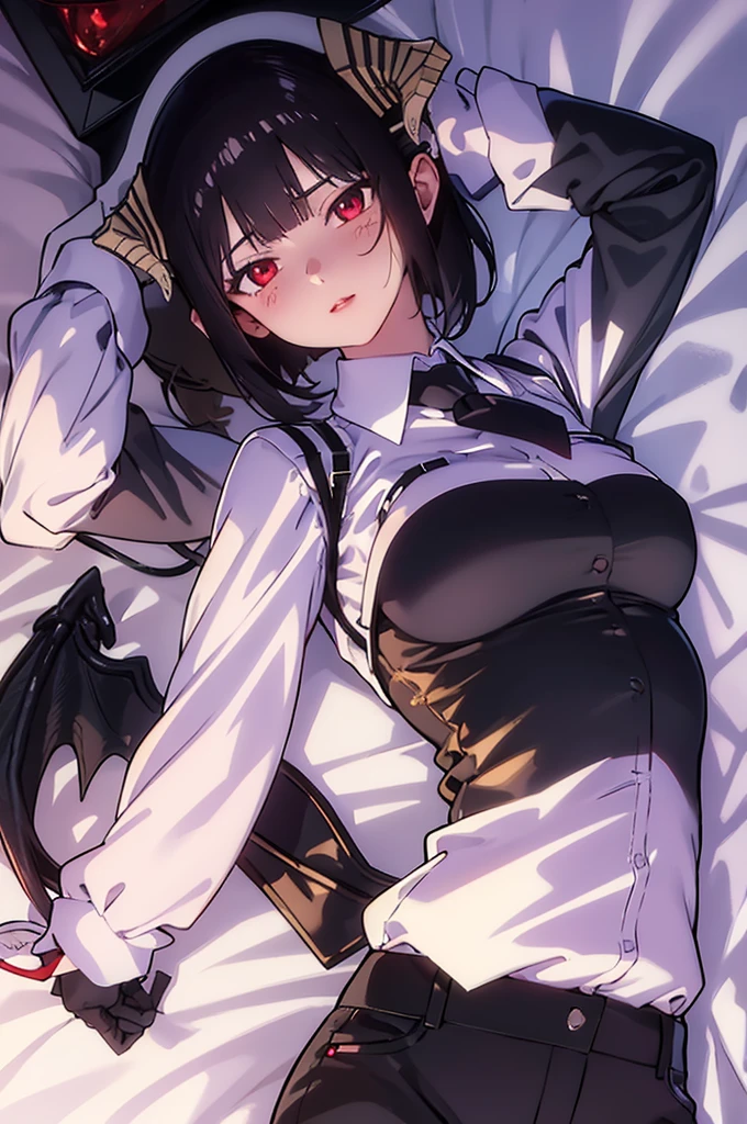 work of art, best qualityer, high resolution, 1girl horns short hair demon tail, white shirt black ascot black gloves black pants black vest lying on your back, sheet, arms up,blushed,face red,Hands behind the head,ssmile
