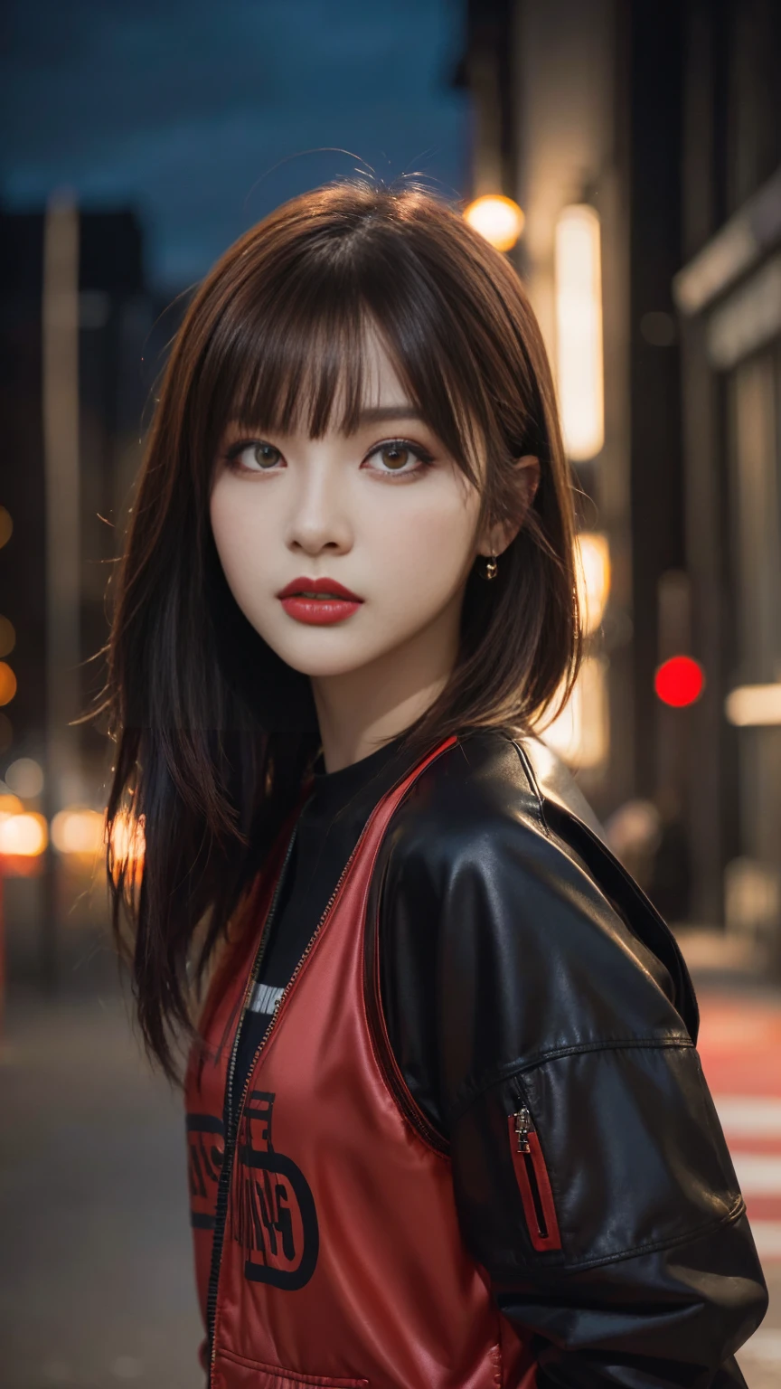 beautiful girl, Half Body Portrait,Short, bright red, messy hair, Black Eyeshadow, (Street Style Wear:1.2), (Urban Background:1.2), Heavy makeup, Digital Art, Trending on Art Station, highly detailed, The finer details, Complex, beautiful detailed glow, detailed, Cinematic Light, High resolution, detailed facial features,Sharp focus, Smooth, beautiful,