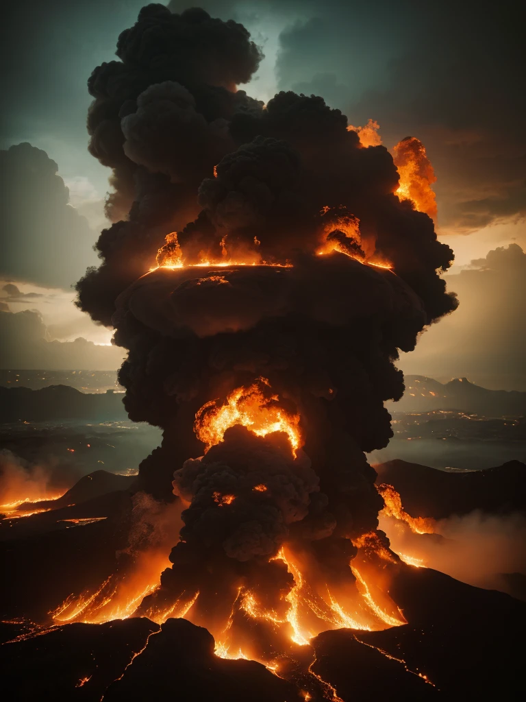 masterpiece, best quality, (extremely detailed CG unity 8k wallpaper), (best quality), (best illustration), (best shadow), absurdres, realistic lighting, (Abyss), beautiful detailed glow, art by PeterMohrBacher, a close up of a large cloud of smoke rising from the ocean, tornado of fire, shockwaves are coming out, amazing volcanic eruption, firenado, fire tornado, apocalyptic tumultuous sea, engulfed in swirling flames, the world is on fire, volcanic eruption, end of the world, the world on fire, embers adrift in the air