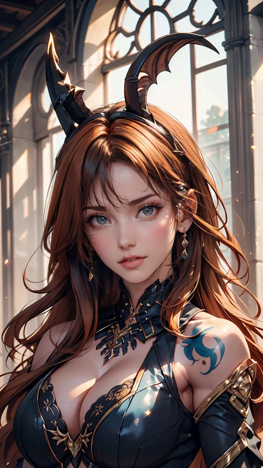 (((masterpiece))), (((Highest quality: 1.4))), ((Super detailed: 1.4)) , An extremely detailed gouache painting of a tiefling woman, Gorgeous exotic features, Amber neon eyes:1.5, Orange Hair, Highly detailed facial features, Expressive Face, Detailed Texture, Blue skin tone, Tattoo, Natural Skin Shader, Volumetric, Warm shades beneath her skin, Ultra-high resolution