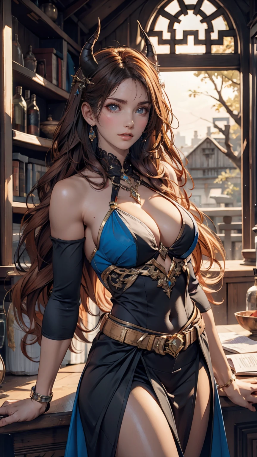 (((masterpiece))), (((Highest quality: 1.4))), ((Super detailed: 1.4)) , An extremely detailed gouache painting of a tiefling woman, Gorgeous exotic features, Amber neon eyes:1.5, Orange Hair, Highly detailed facial features, Expressive Face, Detailed Texture, Blue skin tone, Tattoo, Natural Skin Shader, Volumetric, Warm shades beneath her skin, Ultra-high resolution