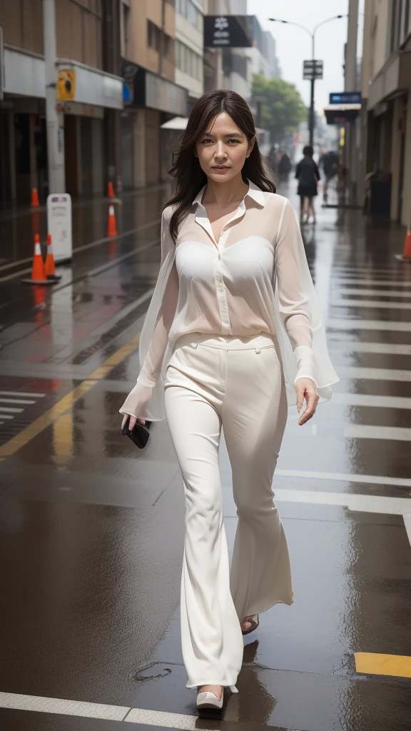 (8k, Best Quality, Masterpiece, Realistic, Photorealistic, Ultra Detailed:1.3), (1girl, pretty Japanese), (suit jacket, skinny pantsuit:1.3), Smile, (huge breasts, cleavage), (naked, topless:1.3), (crowd), bangs, navel, (narrow waist, full body, thin long legs, high heels:1.2), necklace, wristwatch, bag,