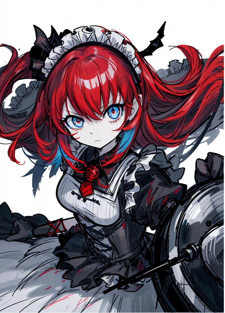 1girl, pale skin, light blue eyes, red hair, maid, maid headdress, pretty clothes, (high resolution, high detail, best quality), 
black background, serious, mace, shield, female warrior