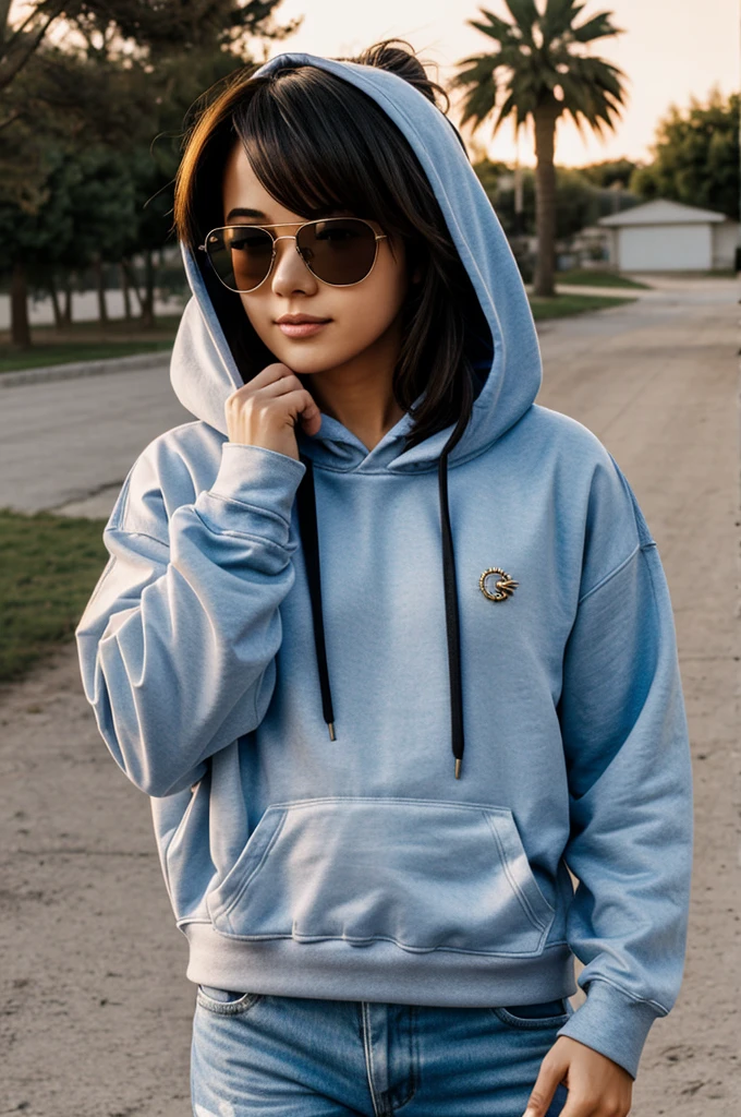 A cute adult anme character wearing fashionable hoodie and sun glass