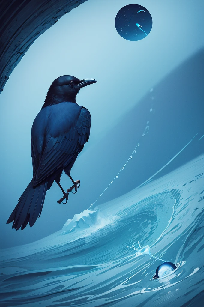 Make a book-style cover with the name""The Little Raven Sperm: A Great Journey"",blue color palette and a drawing of a sperm in the background of a landfill