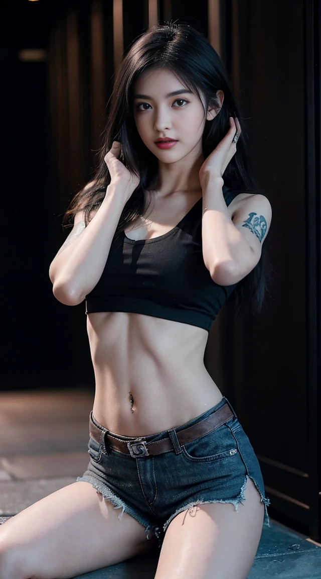 young girl, (19 years old), (perfect face), fit the body (ขาtattoo), (style: rock), (have green eyes), (Full body only.......), (tired: shirtless, bare chest ,Cover the chest with your hands...., tan skin, เปิดหน้าท้องกว้าง ripped jean shorts , open thigh high,low waist,tattooใต้สะดือ), (purple, short, straight hair), (moderate, Open your stomach wide...., rounded chest), (in the background, rock style night club). tattoo, tattooใต้สะดือ, tattooต้นแขน, tattooต้นขา
