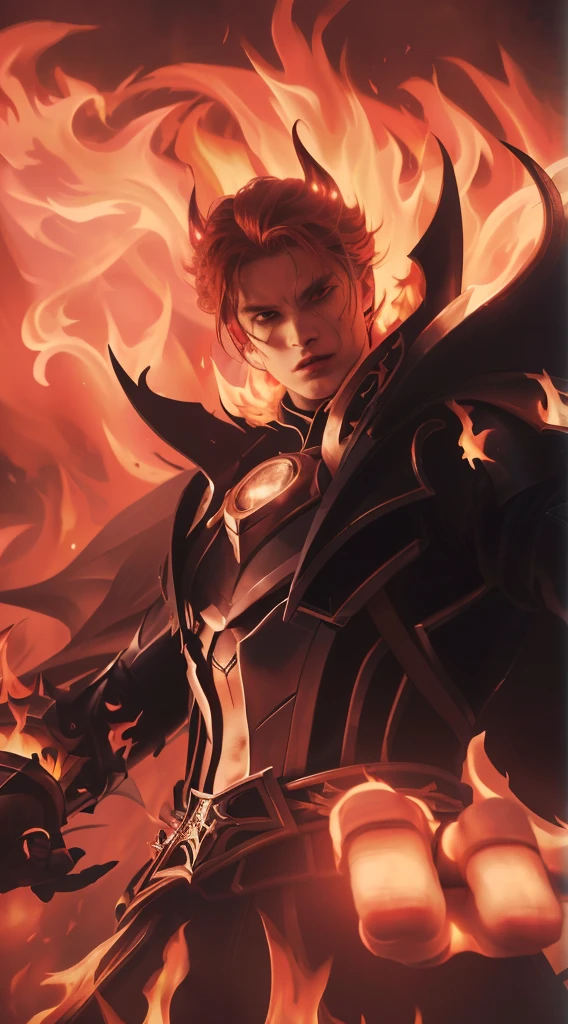 a close up of a man with a sword and a fire, red hair, ruler of inferno, infernal enigma, dragon knight, the former demon king, demon male, portrait of hades, (best quality,4k,8k,highres,masterpiece:1.2),ultra-detailed,(realistic,photorealistic,photo-realistic:1.37),highly detailed face and eyes,extremely detailed facial features,extremely detailed eyes,sharp focus,physically-based rendering,vivid colors,dramatic lighting,dark fantasy,dark art,chiaroscuro,dramatic color palette,cinematic lighting,moody atmosphere,mystical,occult,supernatural,dark powers,demonic,hellfire,infernal,scorching flames,blazing fire,glowing embers,intense shadows,dramatic pose,powerful stance
