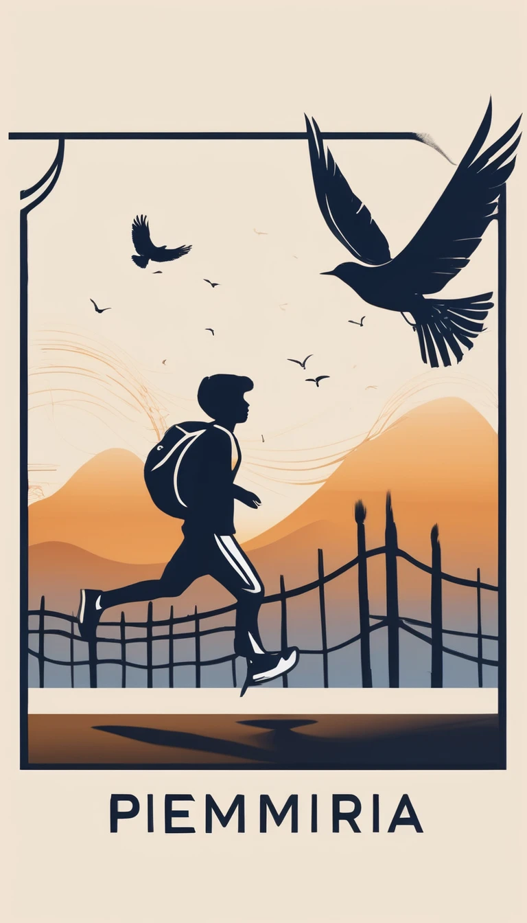 A minimal, high quality, modern, simple, cinematic symbol design for the brand “Penamemoria". The logo of a boy viewed from the back running with open arms, happy and holding an acoustic guitar in the right hand and a bird feather in the left hand while running into the horizon with open arms, almost like he is flying like a bird. The logo must convey a sense of music, stories and dreams. Logo design impressed on a book cover. Minimalistic logo