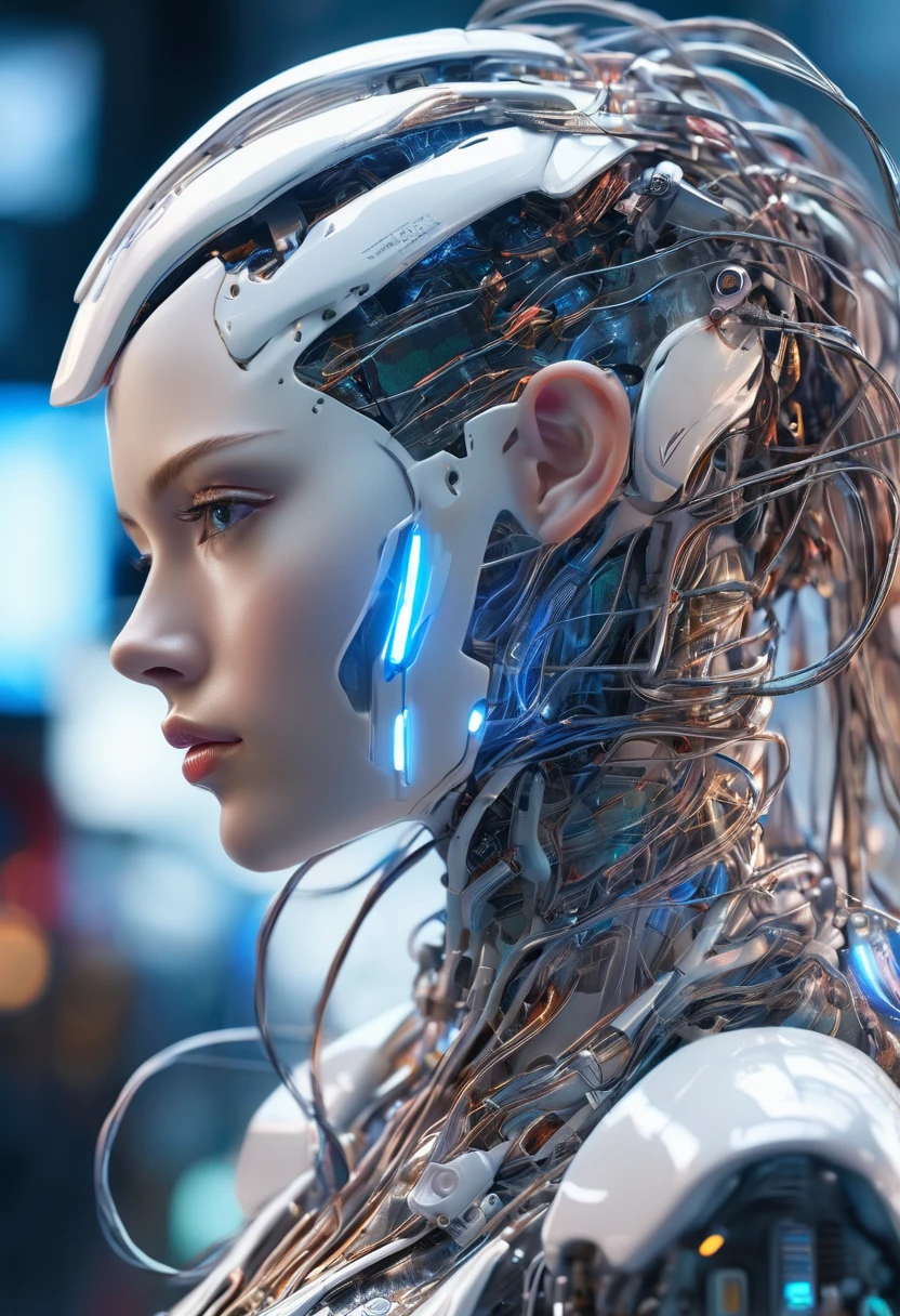 Beautiful porcelain woman profile, Android Face, cyborg, Robot parts, Perfect soft light , Edge Light, Vivid details, Gorgeous cyberpunk, race, Surreal, Anatomical, Facial muscles, electric wire, Microchip,It's located in the control center of a technologically advanced space station.。, (Intricate details of high-quality machines), Cinematic Style, Absolute sharpness, 8K images.(masterpiece).(Intricate details of high-quality machines), Cinematic Style, Absolute sharpness, 8K images.(masterpiece).