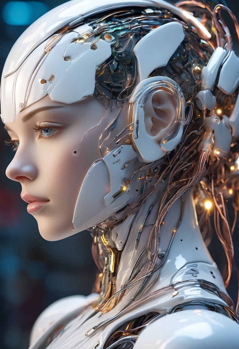 Beautiful porcelain woman profile, Android Face, cyborg, Robot parts, Perfect soft light , Edge Light, Vivid details, Gorgeous cyberpunk, race, Surreal, Anatomical, Facial muscles, electric wire, Microchip,It's located in the control center of a technologically advanced space station.。, (Intricate details of high-quality machines), Cinematic Style, Absolute sharpness, 8K images.(masterpiece).(Intricate details of high-quality machines), Cinematic Style, Absolute sharpness, 8K images.(masterpiece).
