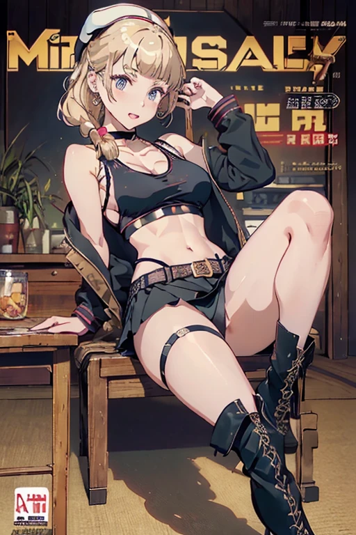 (masterpiece:1.2), (Military uniform magazine cover:1.4),best quality,PIXIV,Sweet girl , sexy posture,1girl, (perky chest:1.2), rolling upskirt by wind:1.6, (with sparkling eyes and a contagious smile),open mouth, (pointed chest:1.2),fishnets, black hair, boots, long hair, black nails, skirt, shirt, solo, black footwear, bag, black skirt, jewelry, jacket, on head, black jacket, thigh strap, bangs, necktie, earrings, nail polish, multicolored hair, looking at viewer, full body, bottle, own hands together, belt, jacket on shoulders, food, cats on head, black necktie, ring, choker, english text, collared shirt, blue eyes, platform boots, hat, lace-up boots ,masterpiece、highest quality、Very detailed、An illustration、Beautiful fine details、One Girl、cute、Detailed landscape、Training Room Background:1.4、Platinum Blonde Hair、Braided Ponytail、Red camisole、((D cup breasts, Tank top showing underboob:1.3))