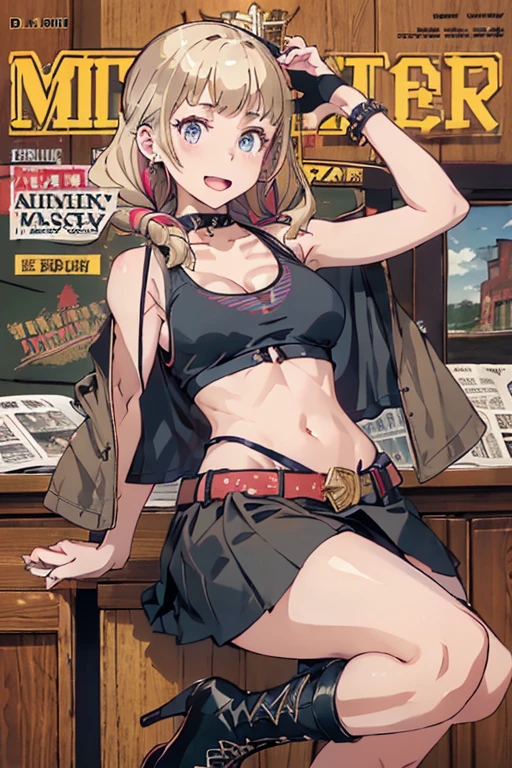 (masterpiece:1.2), (Military uniform magazine cover:1.4),best quality,PIXIV,Sweet girl , sexy posture,1girl, (perky chest:1.2), rolling upskirt by wind:1.6, (with sparkling eyes and a contagious smile),open mouth, (pointed chest:1.2),fishnets, black hair, boots, long hair, black nails, skirt, shirt, solo, black footwear, bag, black skirt, jewelry, jacket, on head, black jacket, thigh strap, bangs, necktie, earrings, nail polish, multicolored hair, looking at viewer, full body, bottle, own hands together, belt, jacket on shoulders, food, cats on head, black necktie, ring, choker, english text, collared shirt, blue eyes, platform boots, hat, lace-up boots ,masterpiece、highest quality、Very detailed、An illustration、Beautiful fine details、One Girl、cute、Detailed landscape、Training Room Background:1.4、Platinum Blonde Hair、Braided Ponytail、Red camisole、((D cup breasts, Tank top showing underboob:1.3))
