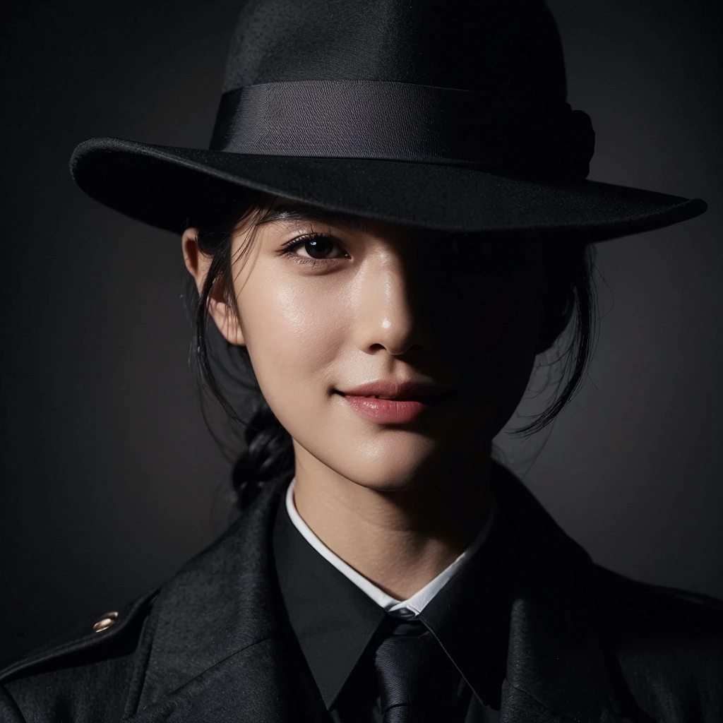 Professional photorealistic depiction of a black backgrond, a korean woman dressed like detective completely in black , her clothes blend completely  in the background. half of her face (45 degrees from above to bottom) is visible and one strand of her face , the rest in covered by the big hat detective and blends into the background  , the expression of a small smile, satisfaction from solving the case,4K, ULTRA HD, PHOTOGRAPHY