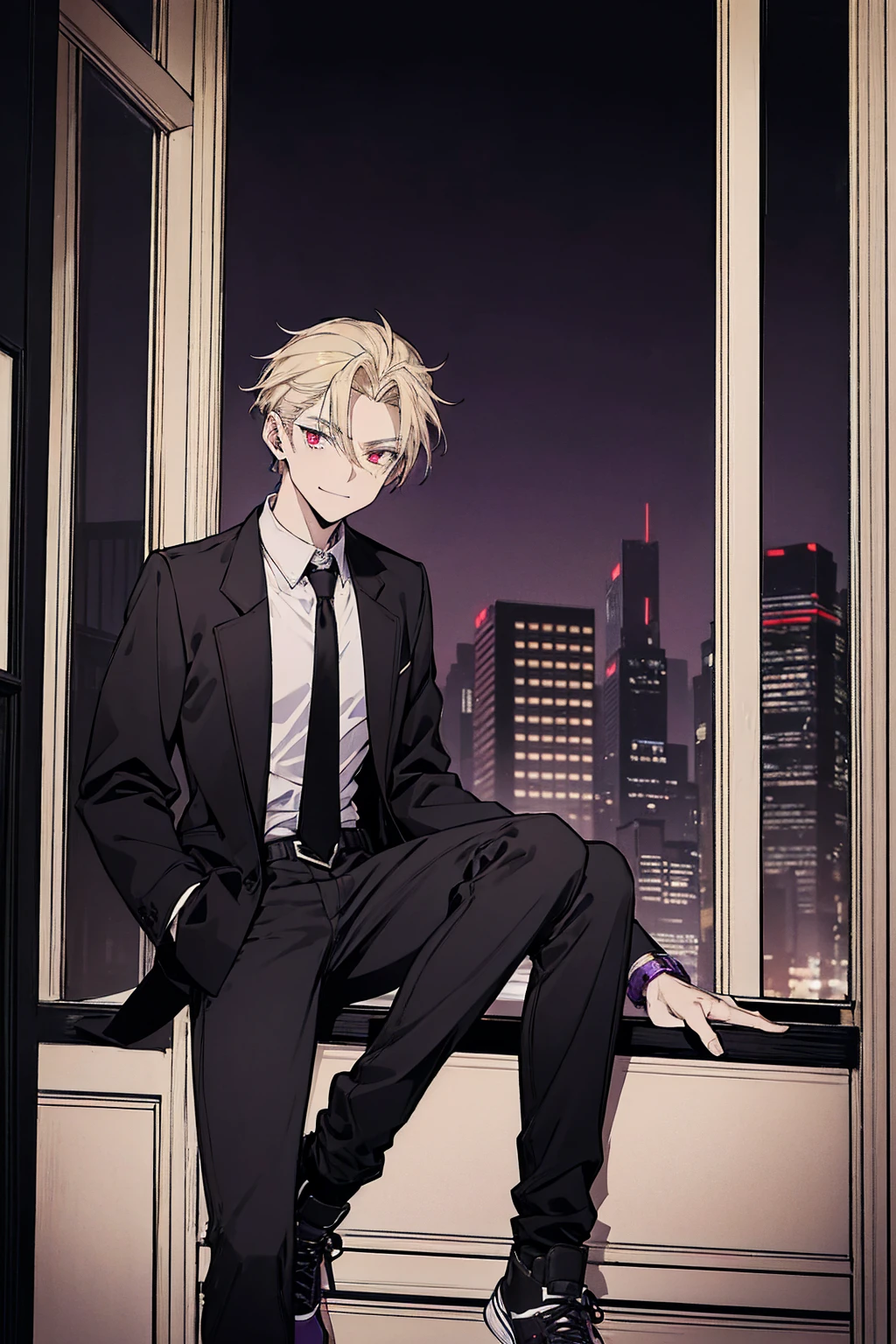 One person, Tall, tannish, handsome male, fit and lean, red eyes, slicked back blonde hair, light stubble, wearing black collared school jacket with purple and black checkered undershirt, wearing baggy jeans, purple and black high tops, has golden watch, and cocky smile, sitting alone in the dusk of night.