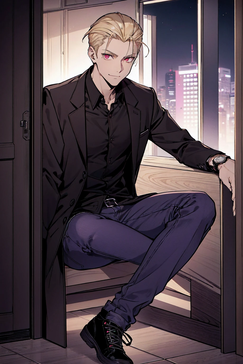 One person, Tall, tannish, handsome male, fit and lean, red eyes, slicked back blonde hair, light stubble, wearing black collared school jacket with purple and black checkered undershirt, wearing baggy jeans, purple and black high tops, has golden watch, and cocky smile, sitting alone in the dusk of night.